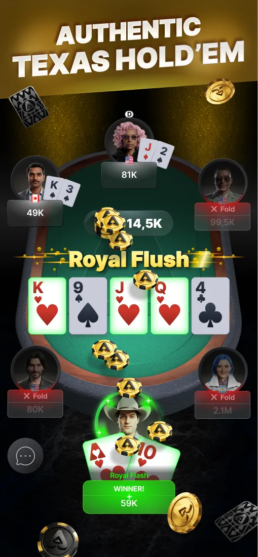 Authentic Texas Hold'em: a Royal Flush wins the pot