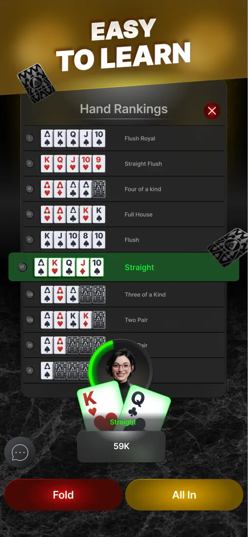 Hand rankings panel open during a hand
